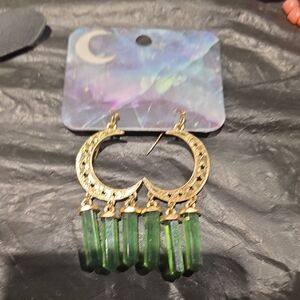 Gold Crescent Hoop Earrings with Green Crystal Dangles